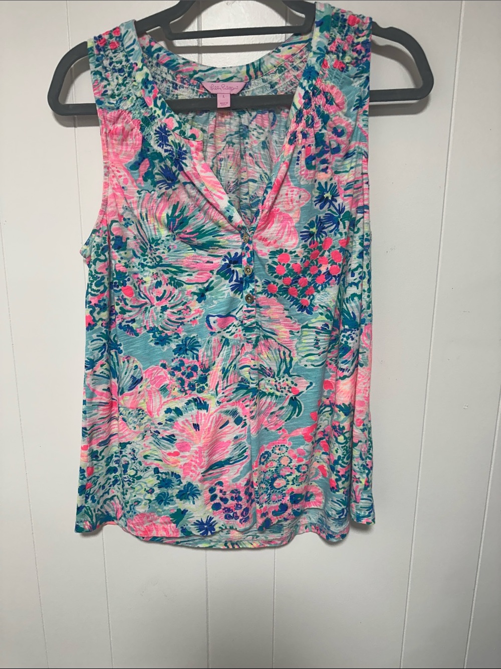Lilly Pulitzer Pink & Aqua Floral Sleeveless Henley Tank